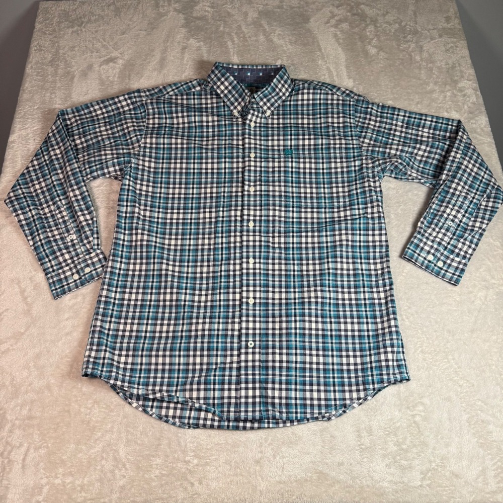 Cinch Mens Medium Button Down Shirt Teal White‎ Plaid Long Sleeve Cotton Western